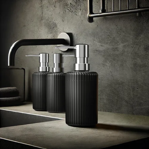 Vista 4 de Dispensador de jabón para baño, paquete de 2 dispensadores de jabón de manos de cocina, 12 onzas, dispensador de loción vacío de plástico negro mate