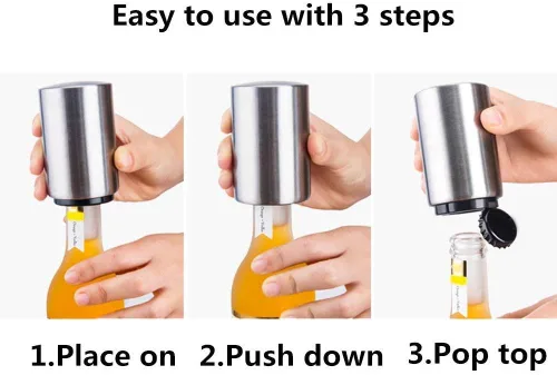 Vista 5 de Abridor automático de botellas de cerveza, abridor automático fácil de estallar con captador de tapa magnética, tapas sin doblar el colector