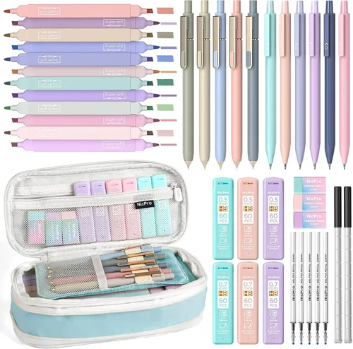 Vista 9 de Nicpro Juego de 50 artículos escolares con estuche para lápices, 6 bolígrafos de gel y recargas, 12 resaltadores, 6 lápices mecánicos artísticos, 12