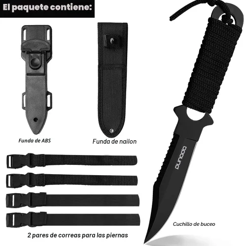 Vista 3 de Cuchillo de buceo punada - Cuchillo de buceo con funda, 2 tipos de fundas, 2 pares de correas para muslos y piernas, cuchillos premium negros