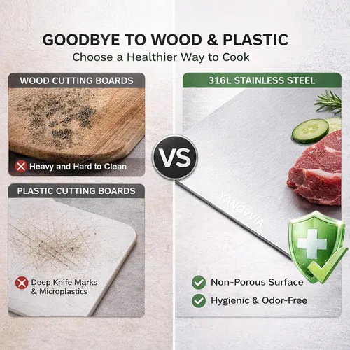 Vista 3 de Juego de 3 tablas de cortar de acero inoxidable de grado alimenticio 316L, tabla de cortar de doble cara para cocina, superficie de trabajo apta