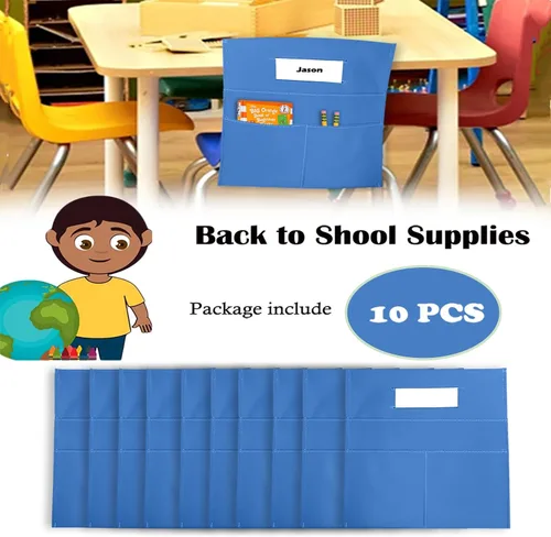 Vista 3 de Organizador colgante para silla de aula, bolsa de almacenamiento con bolsillo para asiento de estudiante, suministros escolares para niños, 10