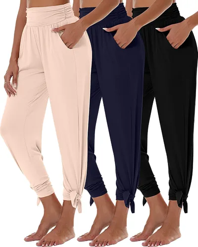 Vista 2 de 3 piezas de pantalones de yoga de pierna ancha para mujer, pantalones de descanso de cintura alta con bolsillos, pantalones deportivos de yoga