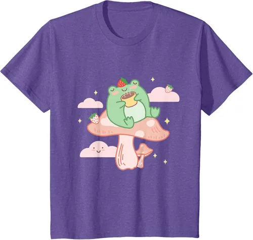 Vista 50 de Kawaii Strawberry Frog On Mushroom - Camiseta de manga corta de anime, Azul / Patchwork, S Azul Pastel