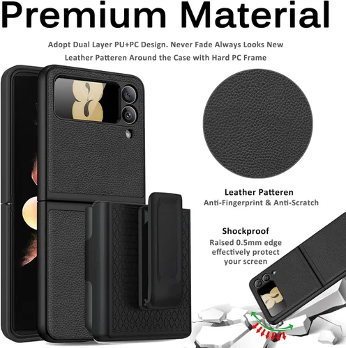 Vista 3 de Miimall Funda compatible con Samsung Galaxy Z Flip 3 con funda de clip para cinturón, funda de cuero de doble capa, delgada, resistente, funda