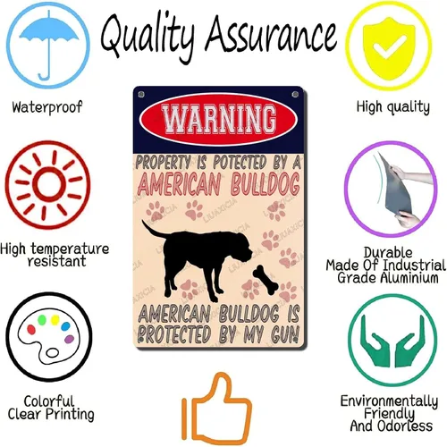 Vista 3 de LIUAXICIA Letreros divertidos de metal con texto en inglés "Warning Property is Potected by A American Bulldog is Protected by My Gun" The Coffee