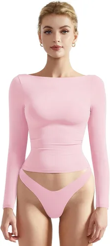 Vista 11 de SUUKSESS Camiseta de mujer con cuello redondo, manga larga, doblemente forrada, ajustada y corta