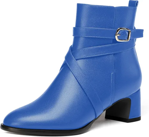 Vista 17 de WAYDERNS Botas altas de tobillo con hebilla casual para mujer, con correa de tobillo sólida mate, tacón bajo y grueso, 2 pulgadas