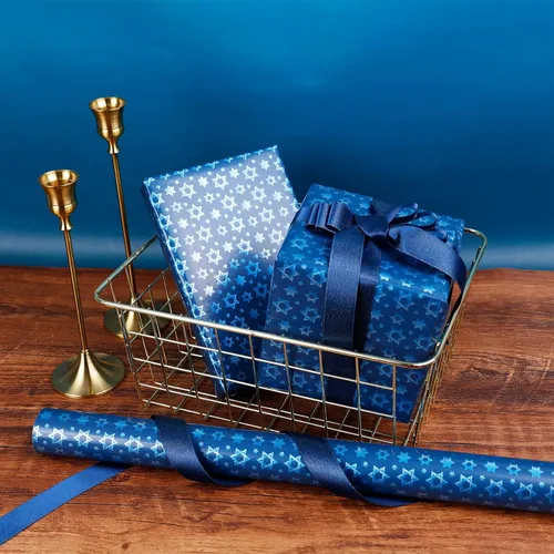 Vista 8 de The Dreidel Company Paquete de 4 Papel de Regalo con Diseño Temático de Hanukkah, Rollo de Chanukah de 17.5" X 180" (15 Pies) Pulgadas Hoja Papel