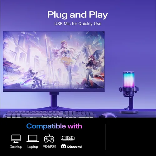 Vista 9 de MAONO USB Gaming Microphone for PC, Noise Cancellation Condenser Mic with RGB Lights, Mute, Gain for Streaming, Recording, Podcast, Chat, Twitch
