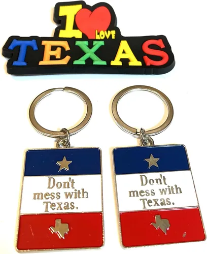 Vista 7 de Juego de 2 llaveros de recuerdo de Texas con imán para nevera con texto en inglés "I Love Texas", Diseño de horizonte de Dallas, Mediana