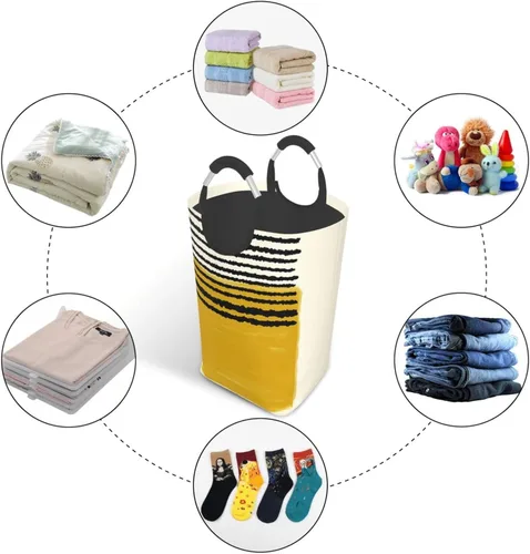 Vista 5 de Cesto de ropa sucia con estampado de líneas amarillas mostaza, impermeable, plegable, con asas, para el hogar, baño, dormitorio, dormitorio