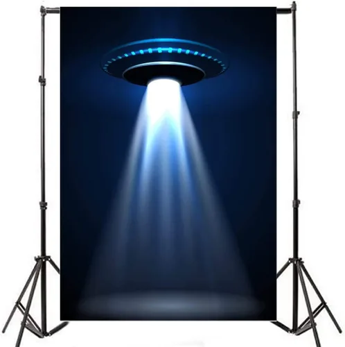 Vista 5 de Leyiyi Fondo de fotografía de 3 x 5 pies, telón de fondo de nave espacial OVNI Fiesta de Feliz Cumpleaños Avión Alien Luz Universo Viaje Espacio
