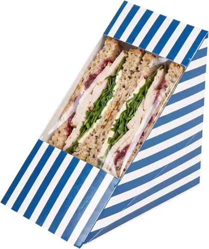 Vista 11 de Restaurantware -Cafe Vision Cajas de papel sándwich de 4.8 x 2.8 pulgadas, 200 cajas medianas de cuña tipo sándwich - con ventana, desechables, Azul
