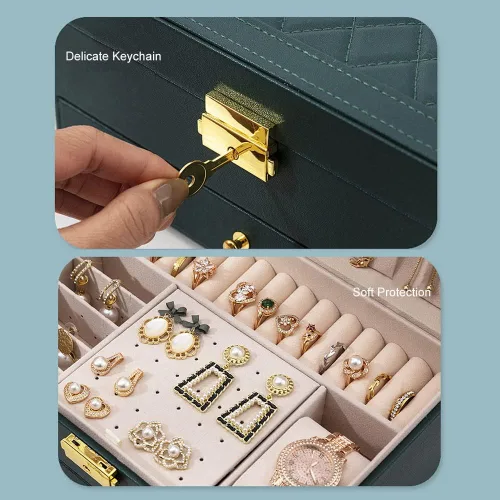 Vista 6 de GUOER Joyero para mujer, niña, esposa, grande, de piel sintética, organizador de joyas, con dos capas, para aretes, pulseras, anillos, relojes