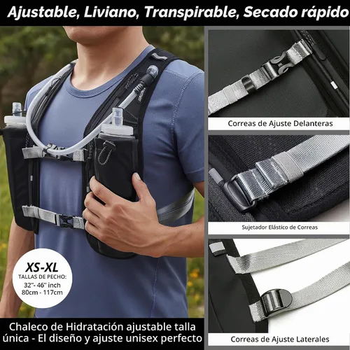 Vista 5 de Running Hydration Vest for Women and Men. Reflective, 8 Pocket, Quick Dry, Water-Resistant, Breathable, Adjustable Backpack for Runs, Hiking