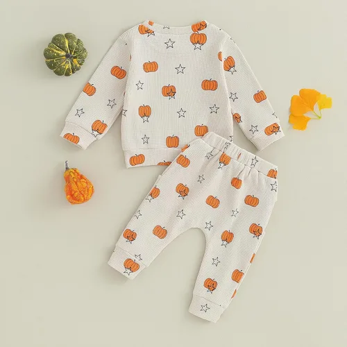 Vista 4 de Kayotuas Conjunto de camisa y pantalones de manga larga con cuello redondo para bebé, disfraz de calabaza, fantasma, calabaza, fantasma, camiseta