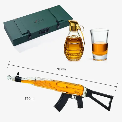 Vista 3 de Juego de regalo de decantador de whisky de pistola, 25 onzas con tres vasos de chupito de 3 onzas + botella de granada, ideas únicas de cumpleaños