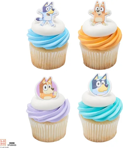 Vista 11 de DecoPac Bluey So Much Fun Anillos, 24 decoraciones para cupcakes con Bluey, Bingo, Bandit y Chilli, 3D seguros para alimentos, paquete de 24
