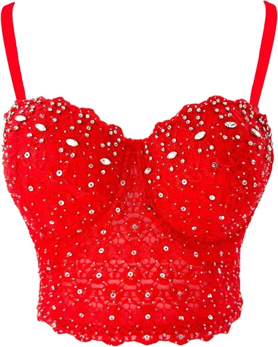 Vista 2 de ELLACCI Corsé de malla sexy con diamantes de imitación de encaje natural para mujer, color rojo