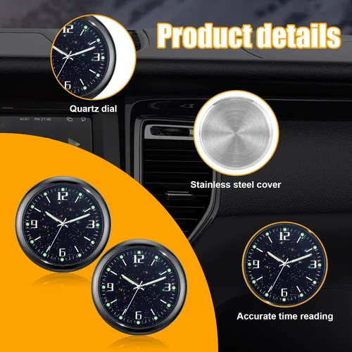 Vista 4 de Dickno 2 piezas de reloj de tablero adhesivo para automóvil, mini relojes de ventilación de cuarzo analógico luminoso, relojes de ventilación