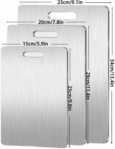 Vista 2 de 3 piezas de tabla de cortar de acero inoxidable, tabla de cortar de metal para cocina, de doble cara, resistente al óxido, duradera, perfecta
