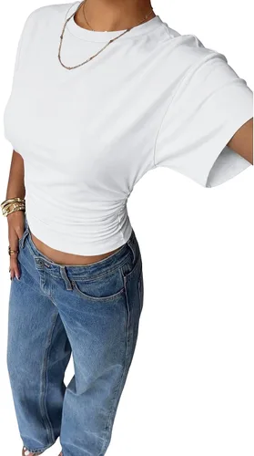 Vista 4 de Sampeel Camisetas cortas de verano 2026 a la moda, manga corta de murciélago, cintura fruncida, ajustadas, básicas, para salir, camisetas de moda