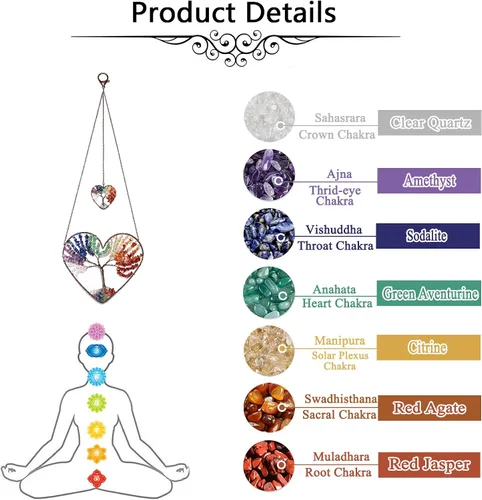 Vista 4 de JOVIVI Adorno colgante de árbol de la vida de doble corazón, 7 chakras, reiki, cristales curativos, piedras preciosas de meditación, colgador