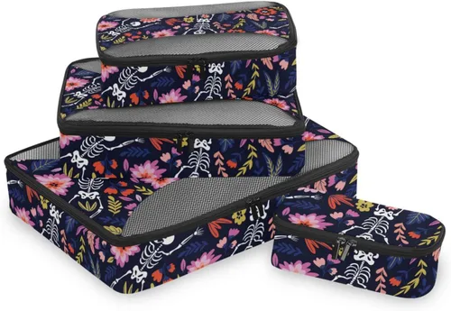 Vista 2 de Juego de 4 cubos de embalaje florales con diseño de calavera bailando organizador de equipaje de viaje cubo de almacenamiento de tela diseño