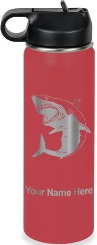 Vista 9 de LaserGram Botella de agua personalizada, gran tiburón blanco, acero inoxidable de doble pared aislada al vacío con popote superior, regalo grabado