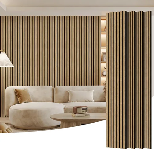 Vista 23 de Paquete de 2 paneles de madera para pared, paneles acústicos de listones de madera de 48 x 24 pulgadas, paneles acústicos para decoración de paredes