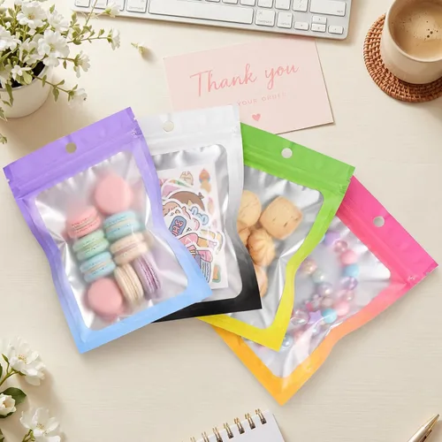 Vista 2 de Funfery Paquete de 100 bolsas resellables de Mylar transparentes, bolsas de embalaje degradadas para almacenamiento de alimentos, pequeñas empresas