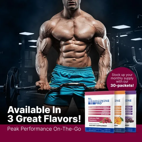 Vista 5 de L-ARGININE PRO Suplemento en polvo 30 paquetes de una sola porción tamaño de viaje 5,500 mg de L-arginina más 1,100 mg de L-citrulina, frambuesa