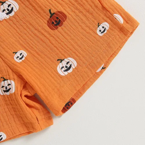 Vista 6 de Traje de Halloween para niño y niña, camisa de manga corta de calabaza, pantalones cortos, ropa de Halloween para niños y niñas