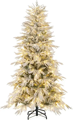 Vista 23 de Goplus Árbol de Navidad artificial preiluminado de 4.5 pies con nieve, árbol de Navidad completo con bisagras con 160 luces LED multicolores, 8