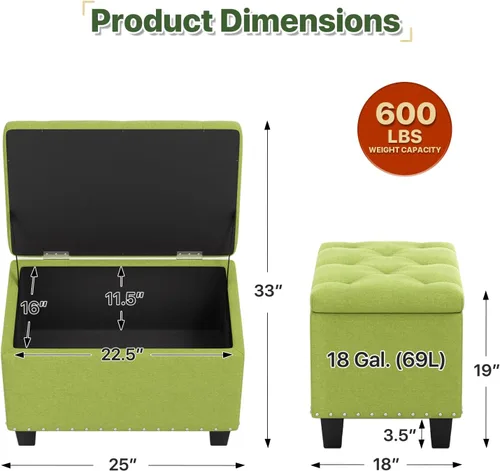 Vista 3 de MoNiBloom Banco otomano de 24 pulgadas con almacenamiento para dormitorio, banco contemporáneo de lino verde copetudo, reposapiés, taburete otomano