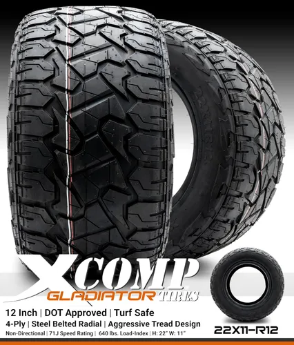 Vista 6 de Xcomp Gladiator 22x11-R12 DOT - Neumático radial con cinturón de acero para carrito de golf, juego de cuatro