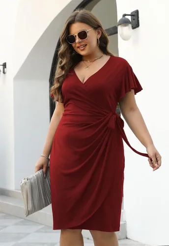 Vista 5 de Nemidor NEM389 - Vestido cruzado de imitación fruncido para mujer, talla grande, manga con volantes, vestido de trabajo casual para fiesta