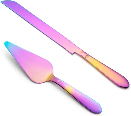 Vista 19 de Juego de servidor de pasteles y tartas Eisinly para boda, elegante juego de servidor y cortador de pizza con bordes dentados grandes de acero Dorado