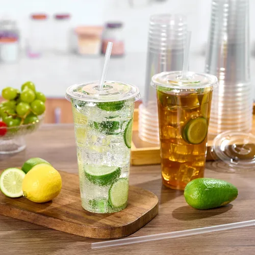 Vista 4 de Turbo Bee - 25 juegos de vasos de plástico transparente de 32 oz con tapas y popotes desechables para llevar, vasos con tapas para café helado
