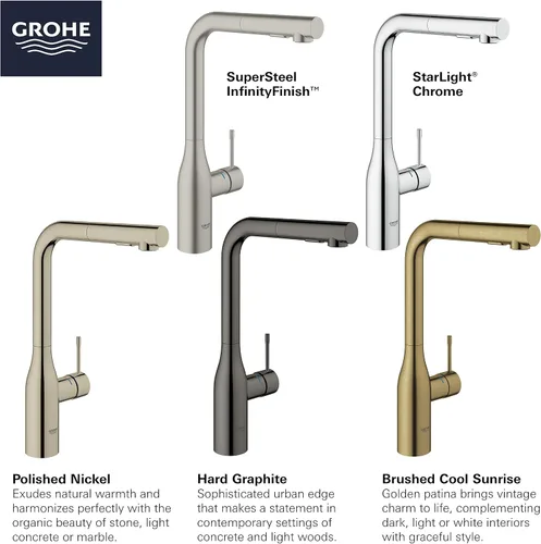Vista 5 de GROHE 30271BE0 Essence - Grifo de fregadero de cocina con pulverizador extraíble, latón, acabado infinito de níquel pulido