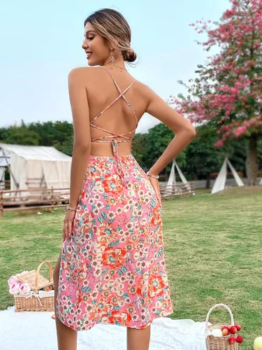 Vista 5 de WDIRARA Vestido midi drapeado con estampado floral y espalda descubierta para mujer