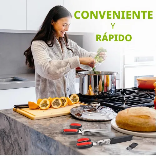 Vista 5 de Tijeras de hierbas con 5 cuchillas y kit de limpieza, tijeras de cocina de acero inoxidable para hierbas, lechuga, cilantro, aptas para Rojo y negro