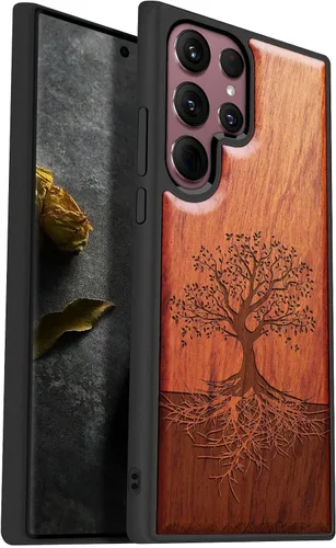 Vista 12 de Carveit Funda de madera para Galaxy S22 [madera real dura y TPU suave] a prueba de golpes, funda protectora híbrida única y elegante, diseño