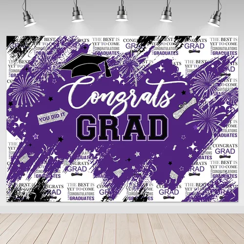 Vista 12 de Mocsicka Telón de fondo de graduación de 7 x 5 pies – Congrats Grad Black Gold 2026 decoraciones de fiesta de graduación, fondos de fotografía