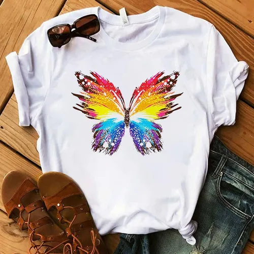 Vista 8 de Camisas Manga Corta Mujer Blusas Estampado Libélula y Mariposa a la Moda Camisetas Manga Corta Corazón Estampado