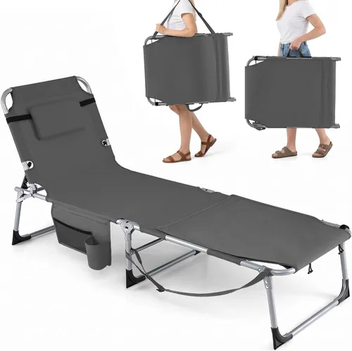 Vista 17 de Giantex Silla bronceadora, silla de playa de 330 libras con 5 posiciones ajustables, agujero para cara y brazo, correa para manos/hombros, almohada