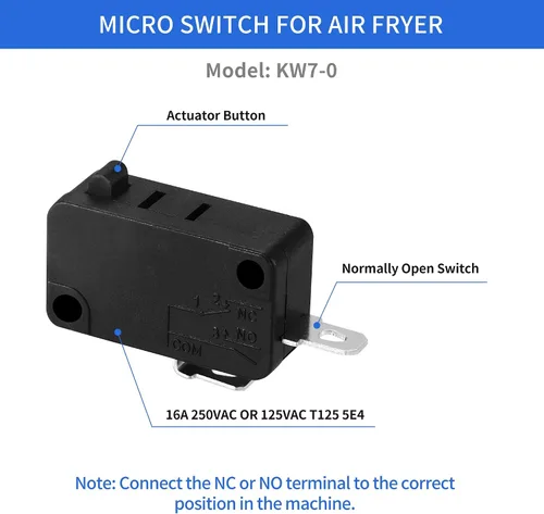 Vista 3 de Paquete de 2 microinterruptores KW7-0 para freidora de aire XL Power XL Vortex 16A 125V/250V Snap Action Switch, Normally Open 3 Pins 1NO 1NC