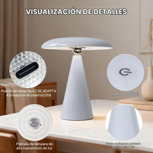 Vista 5 de Lámpara de setas de mediados de siglo moderna, lámpara de mesa LED recargable sin cable, luz de cabecera regulable táctil de 3 temperaturas