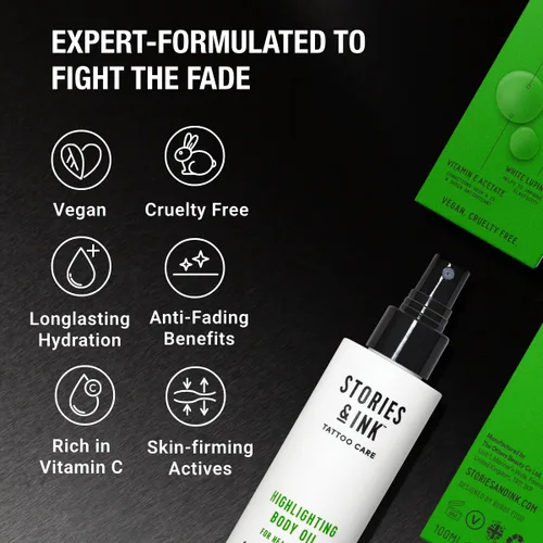 Vista 5 de Stories & Ink Tattoo Care Aceite corporal destacado para tatuajes curados Aceite de brillo instantáneo para mejorar la vitalidad de la tinta